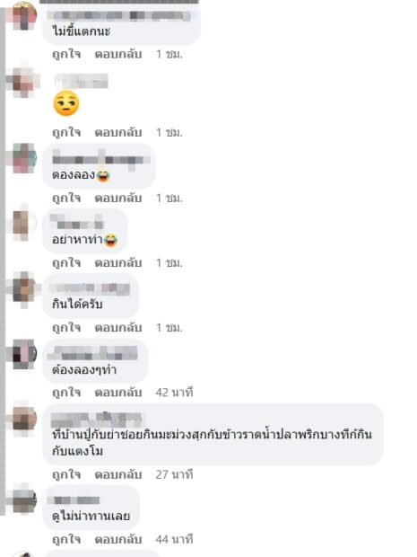 ซึ่งต่อมาแฟนเพจเฟซบุ๊ก TikTok หิวแล้วต้องกิน ได้นำคลิปดังกล่าวมาแชร์ต่อ ทำให้มีชาวเน็ตจำนวนมากเข้ามาแสดงความคิดเห็นอย่างหลากหลาย อาทิ ต้องลอง, อย่าหาทำ, กินได้ครับ, ต้องลองๆ ทำ, ที่บ้านปู่​กับย่าชอยกินมะม่วงสุกกับข้าวราดน้ำปลาพริกบางทีก็กินกับแตงโม, ข้าวกับมะม่วงสุกยังกินได้ เห็นคนแก่ๆ เขากินกัน เอามาผัดกะเพาก็น่าจะกินได้นะ, เหมือนตอนไข่มุกพีคๆ, กินแล้วรสชาติเป็นไงคะ?…คล้ายกะเพราหมูกรอบไหมเอ่ย