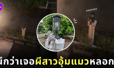 ผู้หญิงอุ้มแมวยืนหน้าบ้าน หลอดไฟเสียกับตุ๊กตาแมวจี้ที่ตากทิ้งไว้