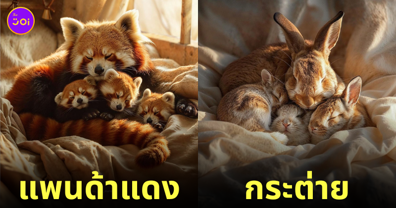 ภาพแม่ลูกสัตว์โลกน่ารักที่นอนกอดกันแน่นแบบแสนอบอุ่น aiart