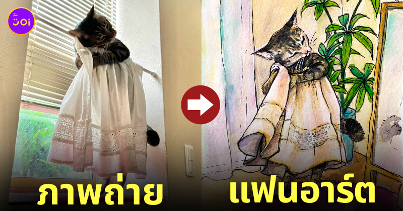 fanart แฟนอาร์ต แมวเล่นผ้าม่าน ใส่ชุดกระโปรง